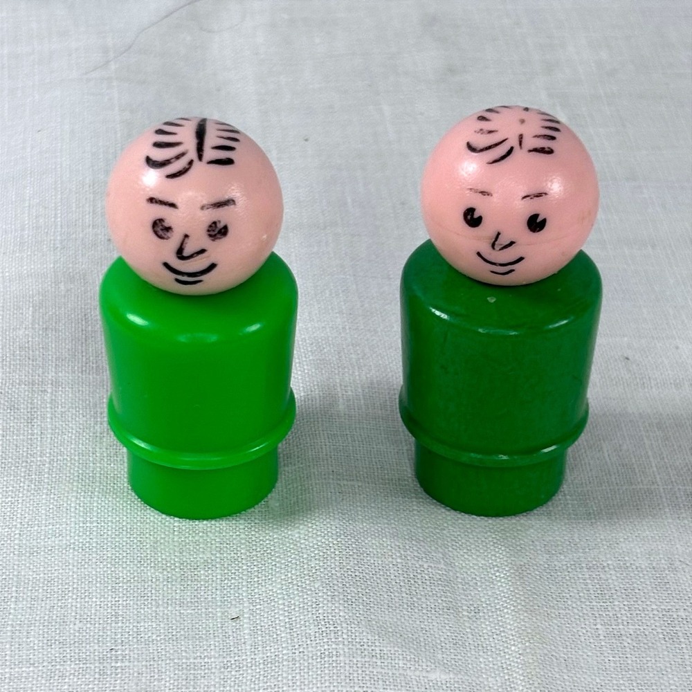 Vintage Fisher Price Little People Wood Plastic Bald Boy Green Figures Set of 2